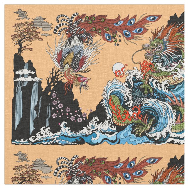 Dragon och Feng Huang. Illustration by Insima Tyg (Närbild)