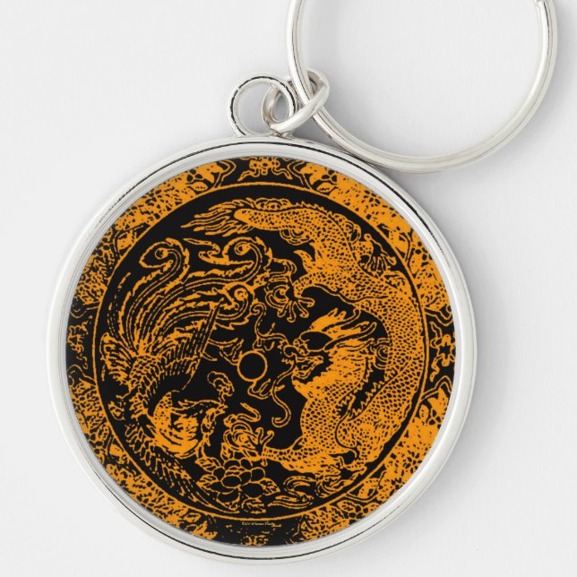 Dragon och Phoenix Keychain Rund Silverfärgad Nyckelring (Framsidan)
