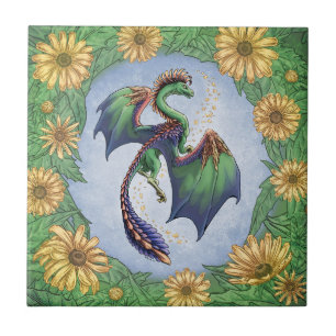 "Dragon of Summer" Flowers and Löv Fantasy Art Kakelplatta