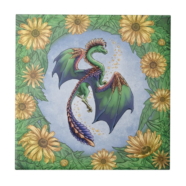 "Dragon of Summer" Flowers and Löv Fantasy Art Kakelplatta (Framsidan)