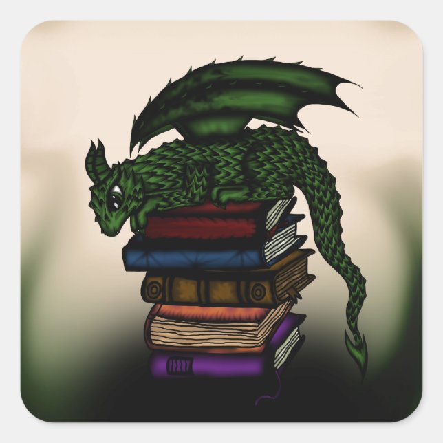 Dragon på Bokar Fyrkantigt Klistermärke (Framsida)