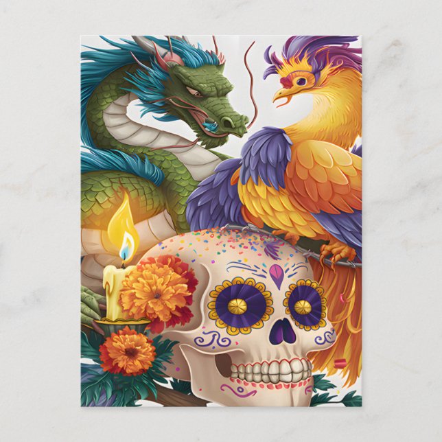 Dragon, Phoenix och Skull Day of the dead Vykort (Framsida)
