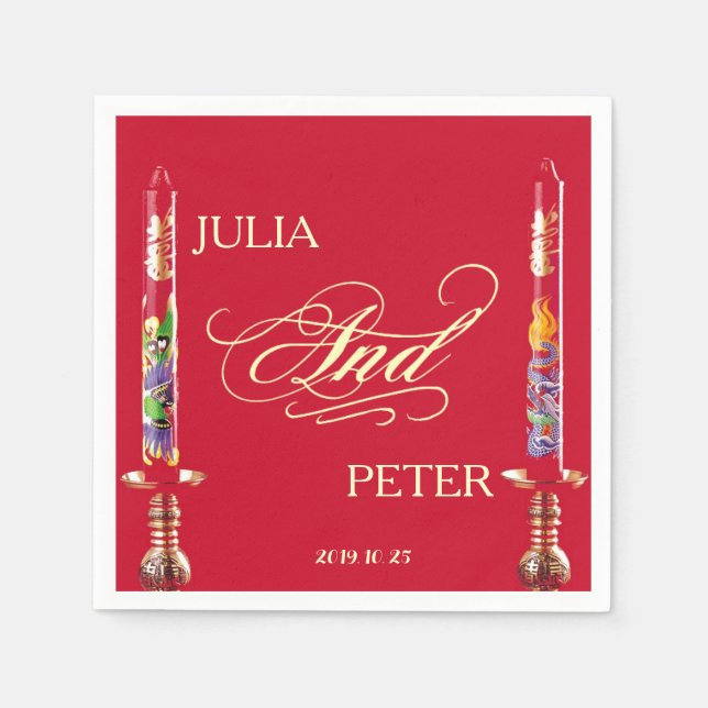 Dragon-Phoenix Red Candles Chinese Bröllop Pappersservett (Framsidan)