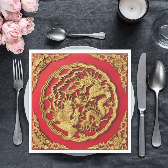 Dragon Phoenix Red Gold Chinese Wedding Pappersservett (Dragon Phoenix Red Gold Chinese Wedding Napkins)