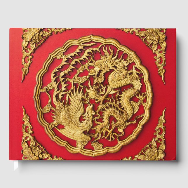 Dragon Phoenix Red Guld Chinese Wedding Favor Gästböcker (Framsida)