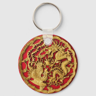 Dragon Phoenix Red Guld Chinese Wedding Favor Nyckelring