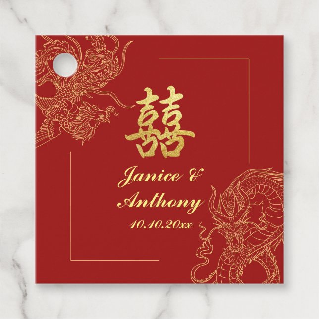 Dragon Phoenix Traditional Red China Bröllop Gåvor Etiketter (Framsida)