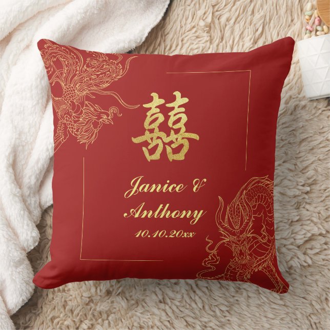 Dragon Phoenix Traditional Red China Bröllop Kudde (Filt)