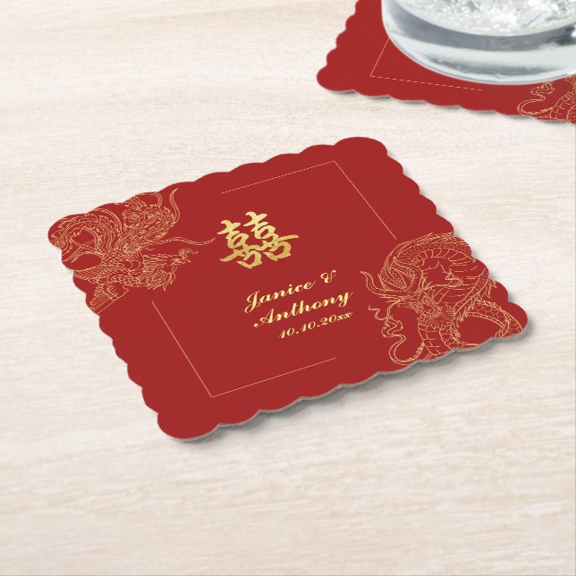 Dragon Phoenix Traditional Red China Bröllop Underlägg Papper (Vinklad)