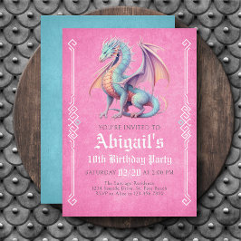 Dragon Pink Aqua Girls Birthday Invitation Inbjudningar