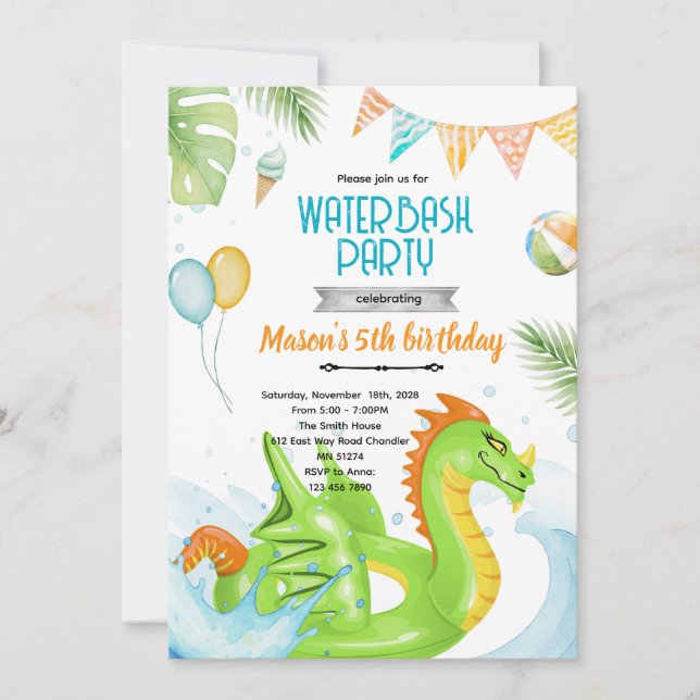 Dragon pool party theme invitation inbjudningar (Framsida)