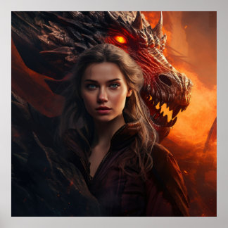 Dragon Queen Porträtt - Fantasy Woman och Dragon A Poster