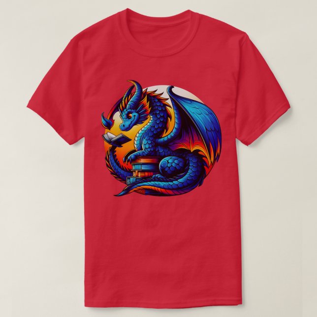 Dragon Reading a Bok Bookworm Bok Älskare 2 T Shirt (Design framsida)