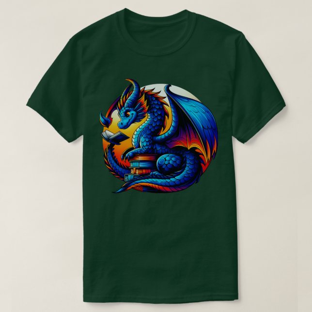 Dragon Reading a Bok Bookworm Bok Älskare 2 T Shirt (Design framsida)