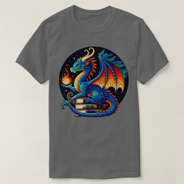 Dragon Reading a Bok Bookworm Bok Älskare 4 T Shirt (Design framsida)