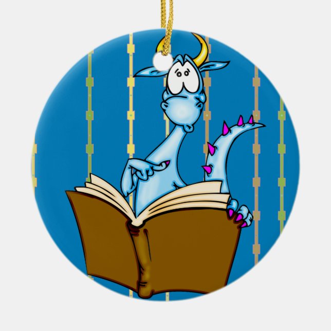 Dragon Reading Bok Julgransprydnad Keramik (Framsidan)