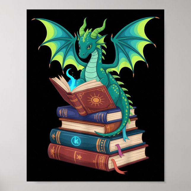 Dragon Reading Books Fantasy Lovers Mythical Creat Poster (Framsidan)