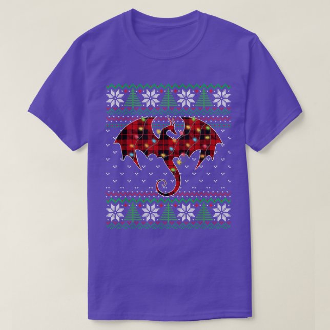 Dragon Red Plaid Ugly Sweater Christmas Lights Dra T Shirt (Design framsida)