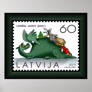 Dragon ~ Santa ~ Reindeer ~ Lettland ~ Frimärke ~ Poster
