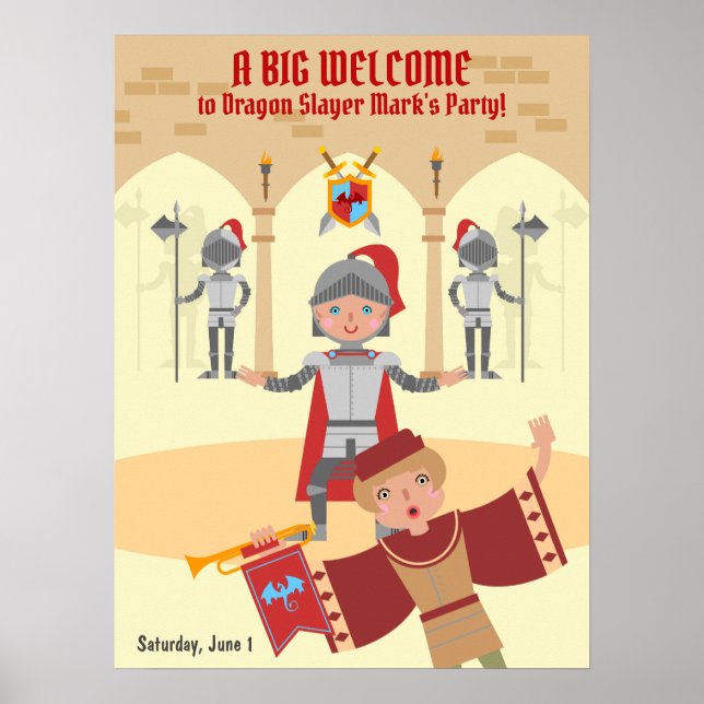 Dragon Sayer Knight Boy Födelsedagsfest Poster (Framsidan)