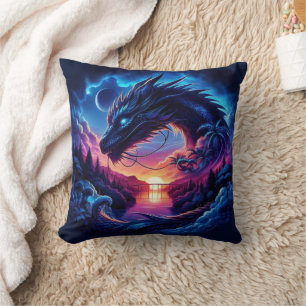 Dragon Silhouetted against a Vibrant Sunset Kudde