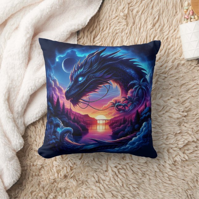 Dragon Silhouetted against a Vibrant Sunset Kudde (Filt)