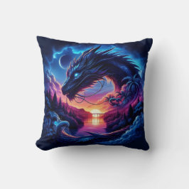 Dragon Silhouetted against a Vibrant Sunset Kudde