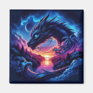 Dragon Silhouetted against a Vibrant Sunset Magnet