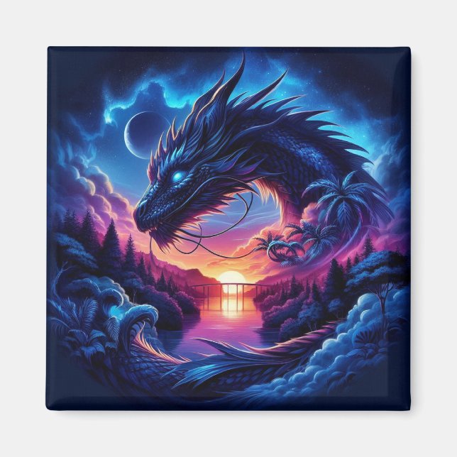 Dragon Silhouetted against a Vibrant Sunset Magnet (Framsidan)