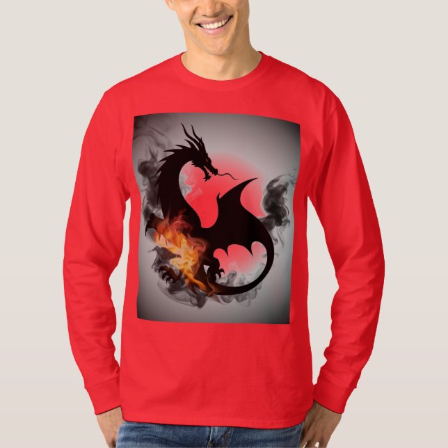 Dragon Smoke Silhouette Red Long-sleged T-Shirt (Framsida)