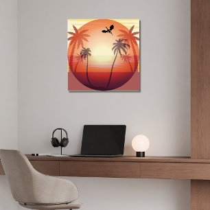Dragon som flyger över den tropiska ön vid solnedg poster