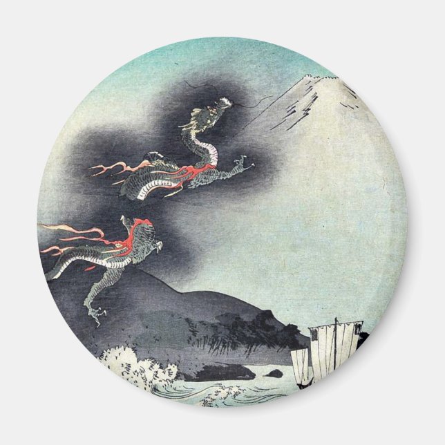 Dragon stigning över Mount Fuji Ukiyoe Magnet (Framsidan)