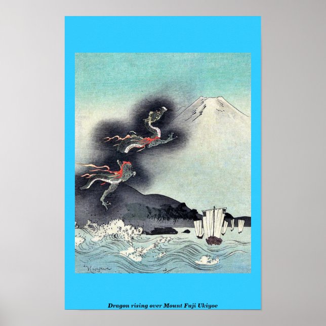 Dragon stigning över Mount Fuji Ukiyoe Poster (Framsidan)