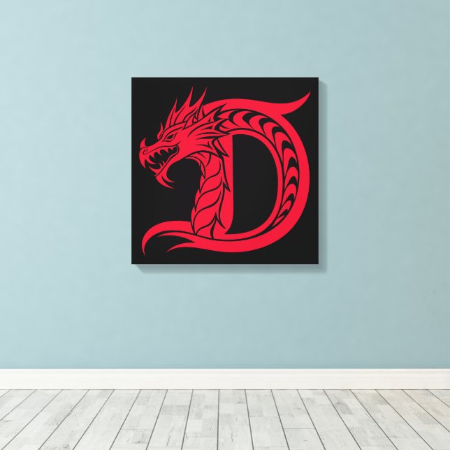 Dragon Styled Letter D, Dragon Alphabet, Monogram Canvastryck (Insitu (trägolv))