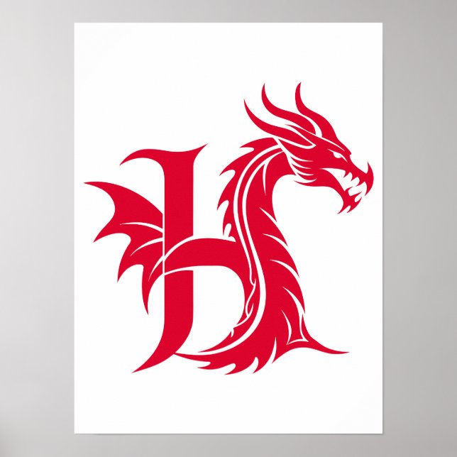 Dragon Styled Letter H, Dragon Alphabet, Monogram Poster (Framsidan)