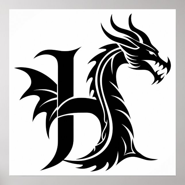 Dragon Styled Letter H, Dragon Alphabet, Monogram Poster (Framsidan)