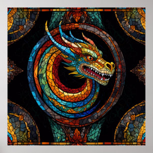 Dragon Swirl i flerfärgad mosaikdesign Poster
