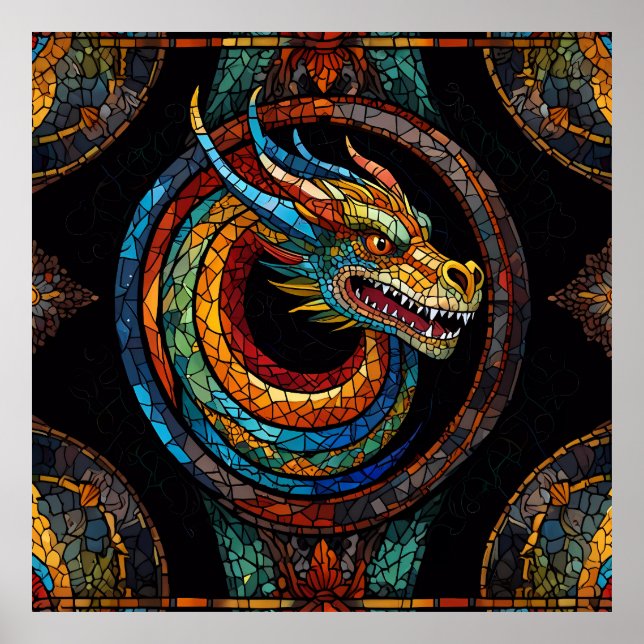 Dragon Swirl i flerfärgad mosaikdesign Poster (Framsidan)