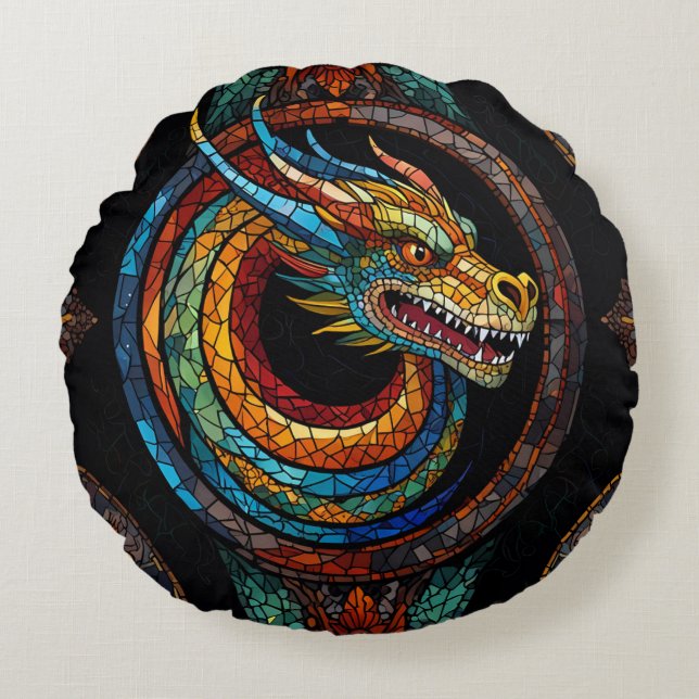 Dragon Swirl i flerfärgad mosaikdesign Rund Kudde (Framsidan)