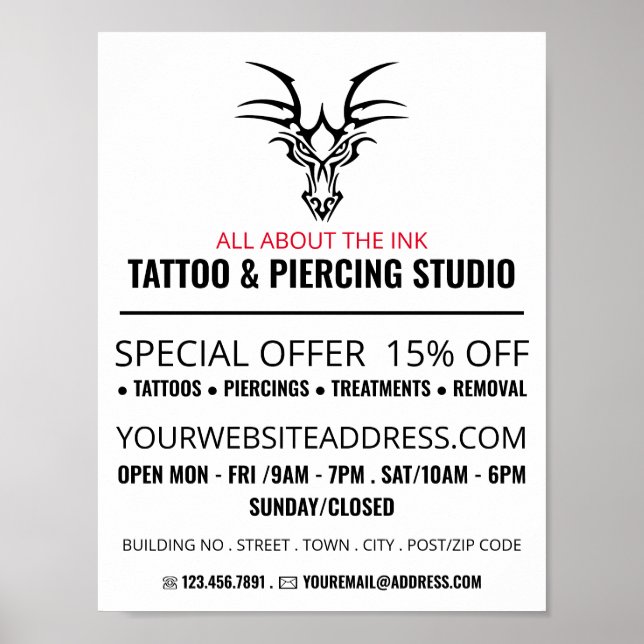 Dragon Tattoo, Tattoo & Body Piercing Studio Poster (Framsidan)