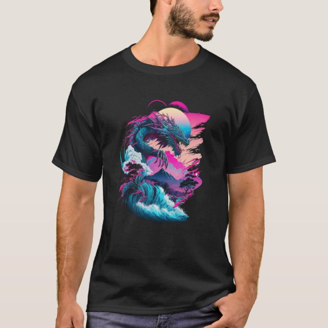Dragon Vaporwave Abstrakt Ligcape Måne Träd Wate T Shirt (Framsida)