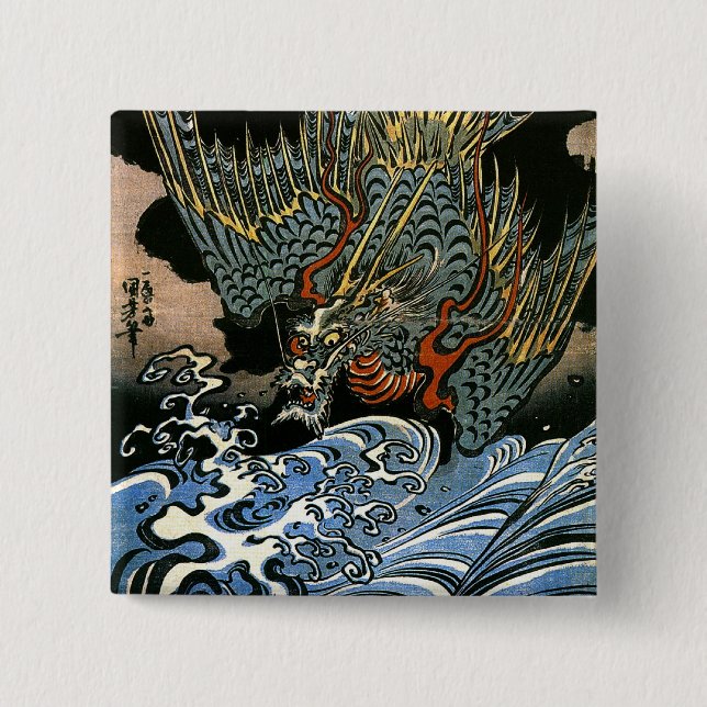 Dragon & Vatten Spirit Kuniyoshi Japansk fin konst Knapp (Framsida)