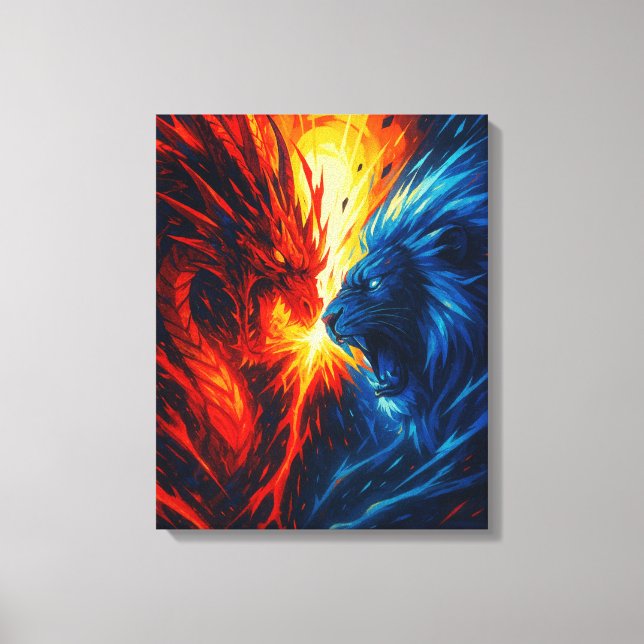 Dragon vs Lion Wall Art – Fire and Ice Clash Canvastryck (Framsida)