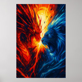 Dragon vs Lion Wall Art – Fire and Ice Clash Poster