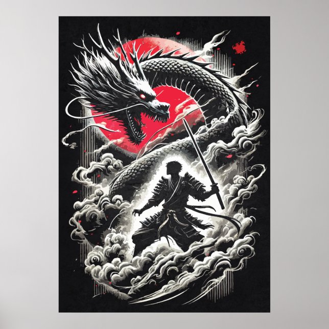 Dragon vs Samurai Warrior - Japanese Tattoo Poster (Framsidan)