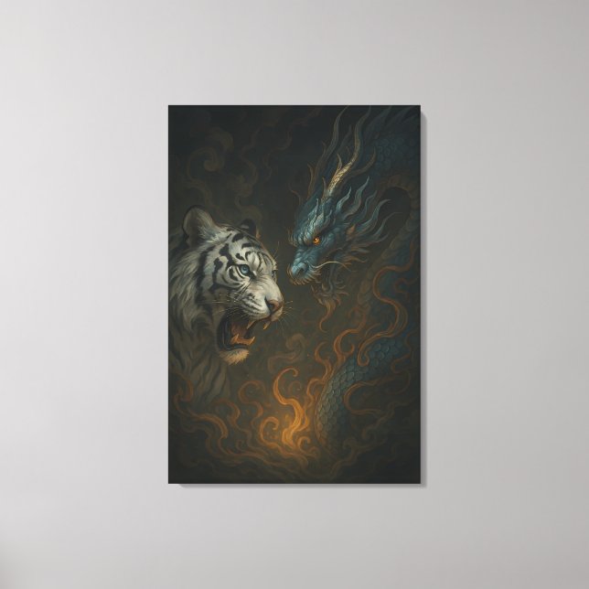 Dragon vs White Tiger – Mystical Fantasy Wall Art  Canvastryck (Framsida)