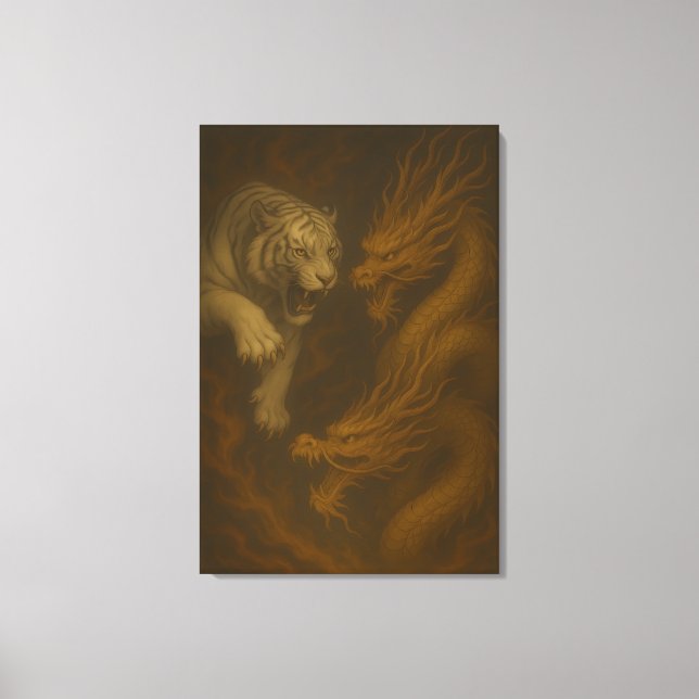 Dragon vs White Tiger – Mystical Fantasy Wall Art  Canvastryck (Framsida)