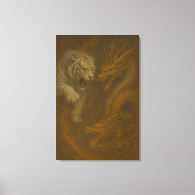 Dragon vs White Tiger – Mystical Fantasy Wall Art  Canvastryck (Framsida)
