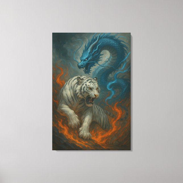 Dragon vs White Tiger – Mystical Fantasy Wall Art  Canvastryck (Framsida)