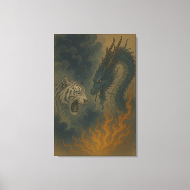 Dragon vs White Tiger – Mystical Fantasy Wall Art  Canvastryck (Framsida)